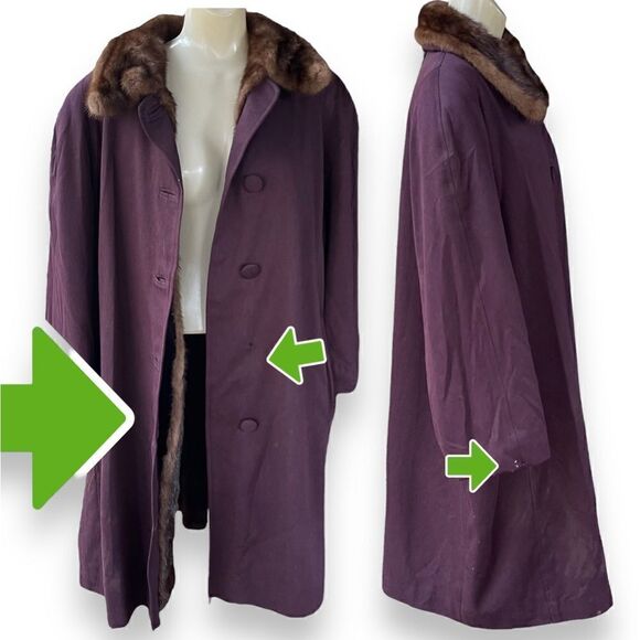 Winters Fur Mink Lined Wool Blend Plum Trench Coat FLAWED /REPURPOSE READY - Picture 12 of 15